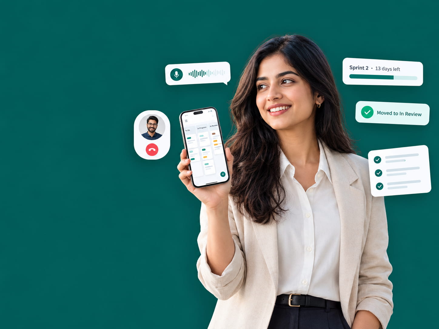 A smiling professional holding a phone with the TaskFlow 365 board, surrounded by a voice note, a call, a sprint and a checklist