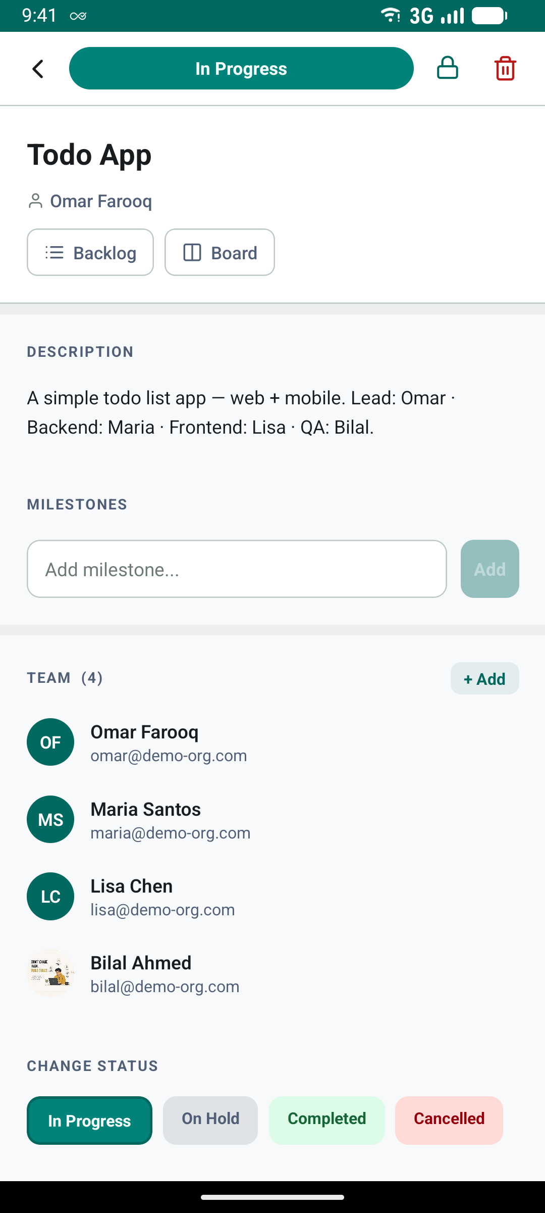 TaskFlow 365 on Android: the Todo App project with its backlog, board and team