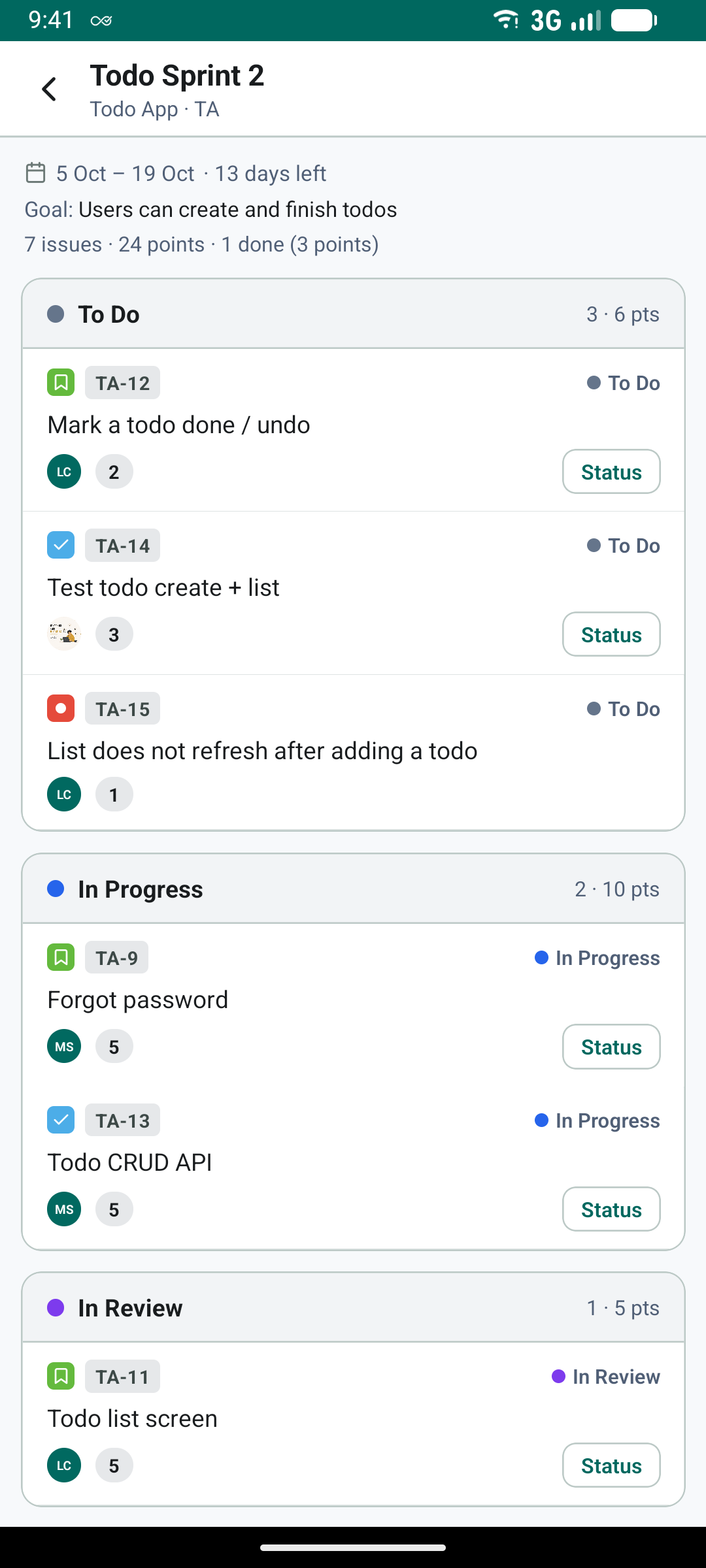 TaskFlow 365 on Android: the board of Todo Sprint 2 with To Do, In Progress and In Review